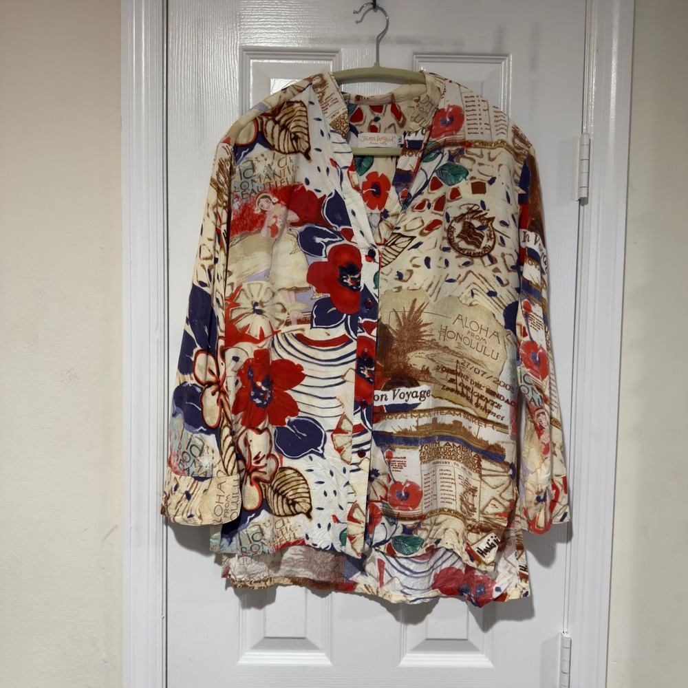 Jams World Vintage Passport Travel Print Button Front Shirt XL